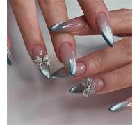 Lot de 24 faux ongles courts à presser en forme d'amande avec nœud papillon pour décoration d'ongles French Cat Eye Manciure pour femmes et filles