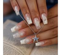 Lot de 24 faux ongles courts à presser Galaxy avec accents de constellation, faux ongles blancs chromés avec languettes adhésives en gelée, 12 tailles French Tip avec motif étoile pour femmes et