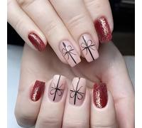 Lot de 24 faux ongles courts à presser - Pour l'hiver - Bandes de Noël - Couverture complète - À coller