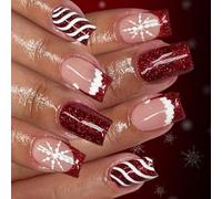 Lot de 24 faux ongles courts à rayures sur le thème de Noël avec flocons de neige pailletés pour fêtes de Noël