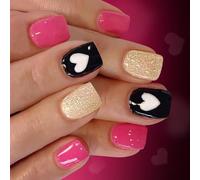 Lot de 24 faux ongles courts brillants à motif français avec cœur pailleté pour mariage, Saint-Valentin, motif cœur flamme, 24 pièces