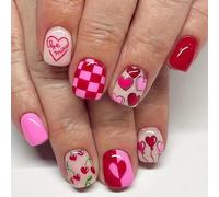 Lot de 24 faux ongles courts carrés à coller en forme de cœur pour la Saint-Valentin, couverture complète, faux ongles courts et carrés pour femme