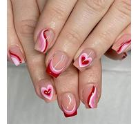 Lot de 24 faux ongles courts carrés à coller - Pour la Saint-Valentin - Motif cœur - Dentelle française - Festival