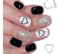 Lot de 24 faux ongles courts carrés à paillettes argentées - Pour Saint-Valentin, fête - Pour une utilisation quotidienne - Pour une utilisation quotidienne - Cœur noir argenté