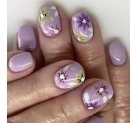 Lot de 24 faux ongles courts carrés à presser - Motif floral - French manucure française - Couverture complète - Designs pour femmes