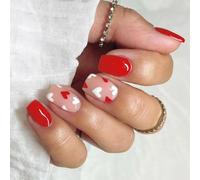 Lot de 24 faux ongles courts carrés à presser pour la Saint Valentin - En acrylique - En forme de cœur - Couvrance complète - Pour femme