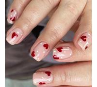 Lot de 24 faux ongles courts carrés avec impression cœur pour la Saint Valentin - Pour un look élégant