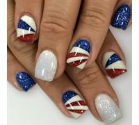 Lot de 24 faux ongles courts carrés, brillants, avec bandes brillantes, jour de l'indépendance, presse sur les ongles pour les festivals et la vie quotidienne