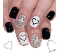 Lot de 24 faux ongles courts carrés brillants en forme de cœur avec paillettes argentées, motif romantique, application facile, cœur noir à paillettes argentées