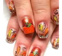 Lot de 24 faux ongles courts carrés en acrylique avec paillettes et feuilles d'érable - Couverture complète à presser - Pour femme