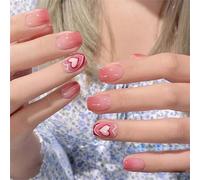Lot de 24 faux ongles courts carrés pour la Saint-Valentin Motif cœur Pêche Couverture complète en acrylique