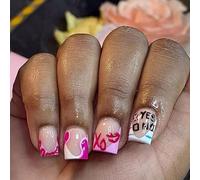 Lot de 24 faux ongles courts carrés pour la Saint-Valentin - Motifs de lettres élégantes - Coller sur les ongles - Déclarations de manucure