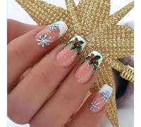 Lot de 24 faux ongles courts de Noël à bout français à presser avec joli motif flocon de neige, arbre de Noël à coller sur les ongles, faux ongles de Noël pour accessoires de décoration d'ongles de