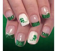Lot de 24 faux ongles courts en ABS à paillettes Vert clair Motif français pour une longue durée de vie