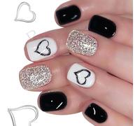 Lot de 24 faux ongles courts en ABS - Motif cœur - Style doux - Pour femme - Pour la Saint-Valentin, une fête - Noir - Paillettes argentées