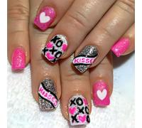 Lot de 24 faux ongles courts en acrylique à coller en forme de cœur à paillettes argentées pour la Saint-Valentin