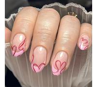 Lot de 24 faux ongles courts en acrylique à coller en forme de cœur avec lignes pour la Saint-Valentin