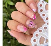 Lot de 24 faux ongles courts en acrylique Amande Fleurs Couverture complète à coller sur la French Tip Faux Papillon