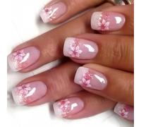 Lot de 24 faux ongles courts en acrylique avec fleurs à coller sur les ongles pour femme
