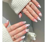 Lot de 24 faux ongles courts en acrylique avec nœuds 3D et fraises en forme d'amande