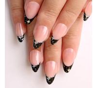 Lot de 24 faux ongles courts en acrylique, en forme d'amande, brillants, à coller sur les ongles, noirs