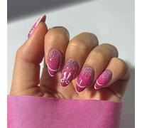 Lot de 24 faux ongles courts en amande, avec motif nœud papillon, tige scintillante sur les ongles, pour tous les jours et occasions spéciales