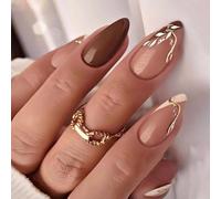 Lot de 24 faux ongles courts en amande - Bout français - Marron nude - À coller sur les ongles - Motif feuilles - Paillettes dorées - Accessoires de nail art pour femme