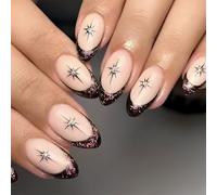 Lot de 24 faux ongles courts en forme d'amande, à presser, avec étoile scintillante, avec pointe française, pour fête, mariage