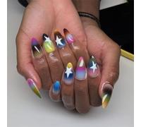 Lot de 24 faux ongles courts en forme d'amande à presser avec étoiles élégantes pour décoration d'ongles, dégradé de couleur, pour femmes et filles