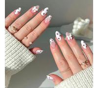 Lot de 24 faux ongles courts en forme d'amande avec nœuds 3D et motif fraises à coller sur les ongles pour femme