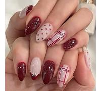 Lot de 24 faux ongles courts en forme d'amande blanche pour la Saint Valentin - Motif cœur rouge - Couverture complète