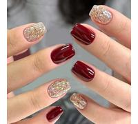 Lot de 24 faux ongles courts en forme d'amande Bordeaux brillant Application facile Automne Hiver