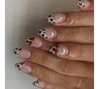 Lot de 24 faux ongles courts en forme d'amande française avec imprimé cerises d'animaux pour nail art et salon