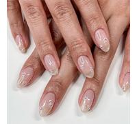 Lot de 24 faux ongles courts en forme d'amande, manucure française, couverture complète, avec bord blanc, pour femmes et filles, motif fleur verte