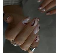 Lot de 24 faux ongles courts en forme d'amande, rose, nude, marron, blanc, tourbillon, à coller, en acrylique, pour femme - printemps, été