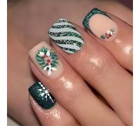 Lot de 24 faux ongles courts en forme de couronne de Noël à coller pour l'hiver