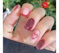Lot de 24 faux ongles courts en forme de cœur - Couverture complète à coller sur les ongles - Avec pointe française - Pour la Saint-Valentin