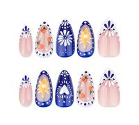 Lot de 24 faux ongles courts en forme de fleur - Bleu et blanc - Pointe française - Couverture complète - Faux ongles courts - À presser - Avec cœur