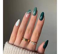 Lot de 24 faux ongles courts et ondulés à presser en forme d'amande - Motif tourbillon - Vert olive - Pour femme