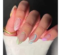 Lot de 24 faux ongles courts et ondulés à presser en forme d'amande - Motif tourbillon - Vert olive - Pour femme