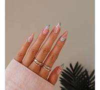 Lot de 24 faux ongles courts et ondulés à presser en forme d'amande - Motif tourbillon - Vert olive - Pour femme