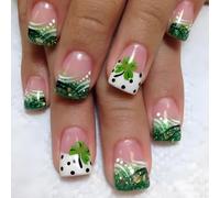 Lot de 24 faux ongles courts French Tip à coller sur les ongles Festival Faux Ongles Trèfle Faux Ongles