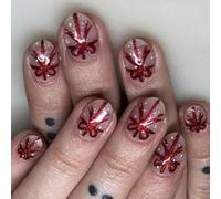 Lot de 24 faux ongles courts ovales à coller sur les ongles de Noël avec motifs de nœuds à coller sur les ongles pour un look festif