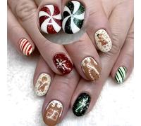 Lot de 24 faux ongles courts ovales à coller sur les ongles de Noël pour la saison des fêtes