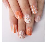 Lot de 24 faux ongles courts ovales à coller sur les ongles - Motif fleurs blanches - Presse scintillante