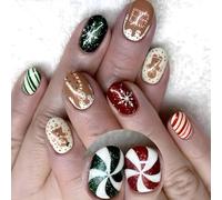 Lot de 24 faux ongles courts ovales à coller sur les ongles - Pour la saison festive