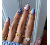 Lot de 24 faux ongles courts ovales à presser Bleu foncé Paillettes Décoration d'ongles French Aurora Manciure pour femmes et filles