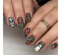 Lot de 24 faux ongles courts ovales à presser pour Halloween, motif tête de mort et fantôme, motifs fleurs oranges, ongles artificiels mats à coller pour femmes et filles