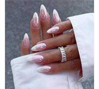 Lot de 24 faux ongles courts ovales avec motif serpent et étoile, noir français, amande moyenne pour femme, faux ongles pour nail art, blanc et chromé9