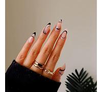 Lot de 24 faux ongles courts ovales avec motif serpent et étoile, noir français, amande moyenne pour femme, faux ongles pour nail art 05 noir et tourbillon 5